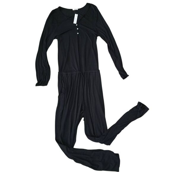 LAmade Henley Jumpsuit Women's Medium Black Long Sleeve Drawstring Waist Overall - Picture 1 of 8